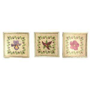 1980s Needlepoint Wildflower Triptych Trio Framed 5 in Iris Trillium Rose Estate